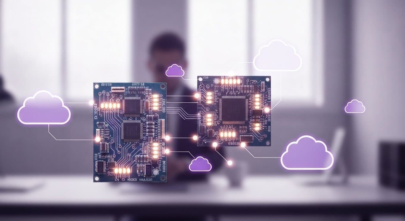 Abstract technology devices with old and new elements on a blurred office background