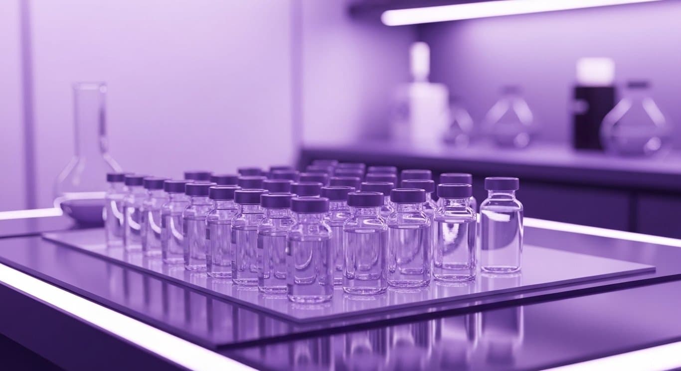 Scientific lab vials on a reflective surface in a futuristic laboratory with purple tones
