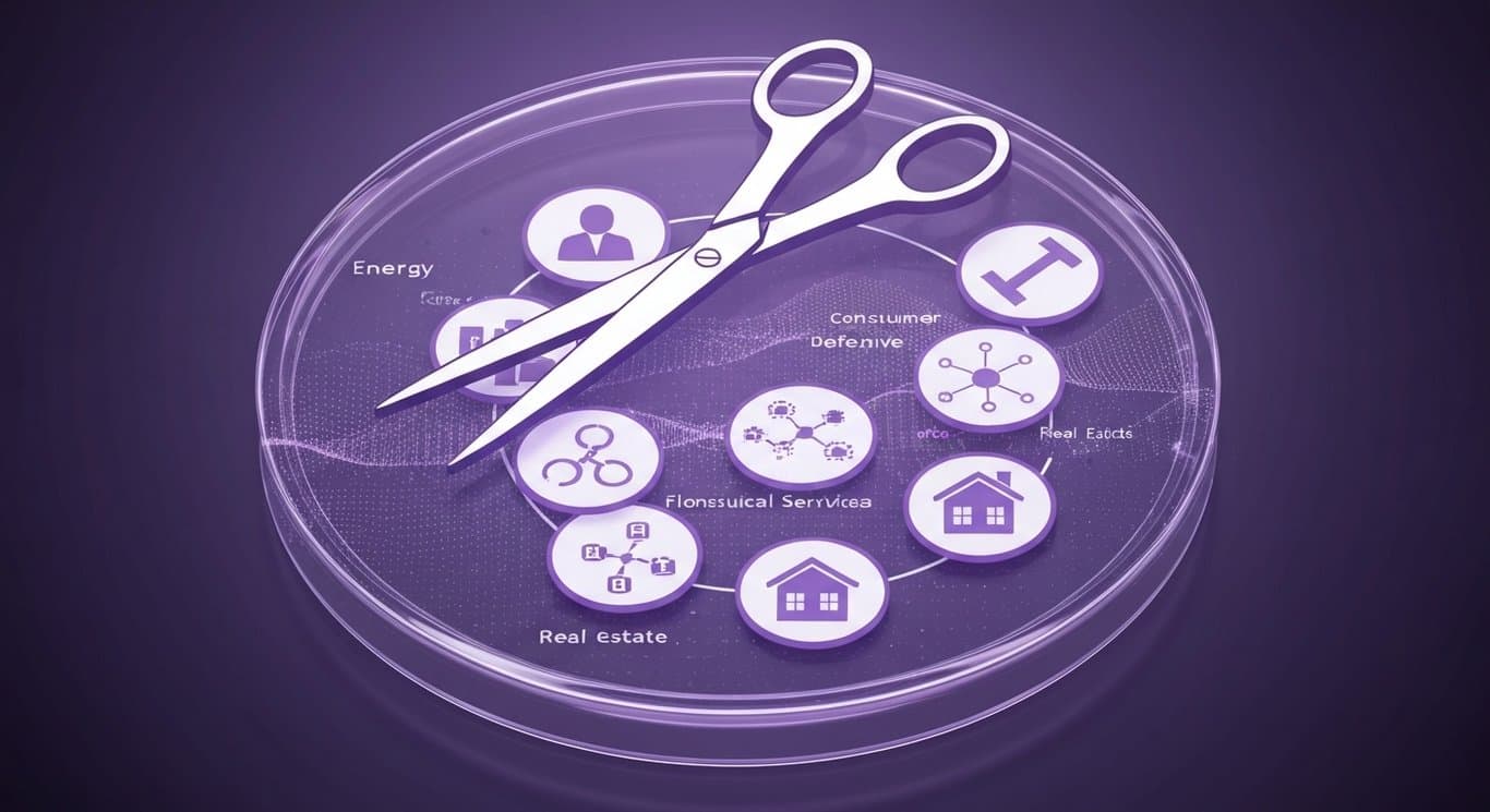 Fed rate cut watch with dot plot and sector rotation; mega-cap tech weak, strength in Energy, Consumer Defensive, Financials,