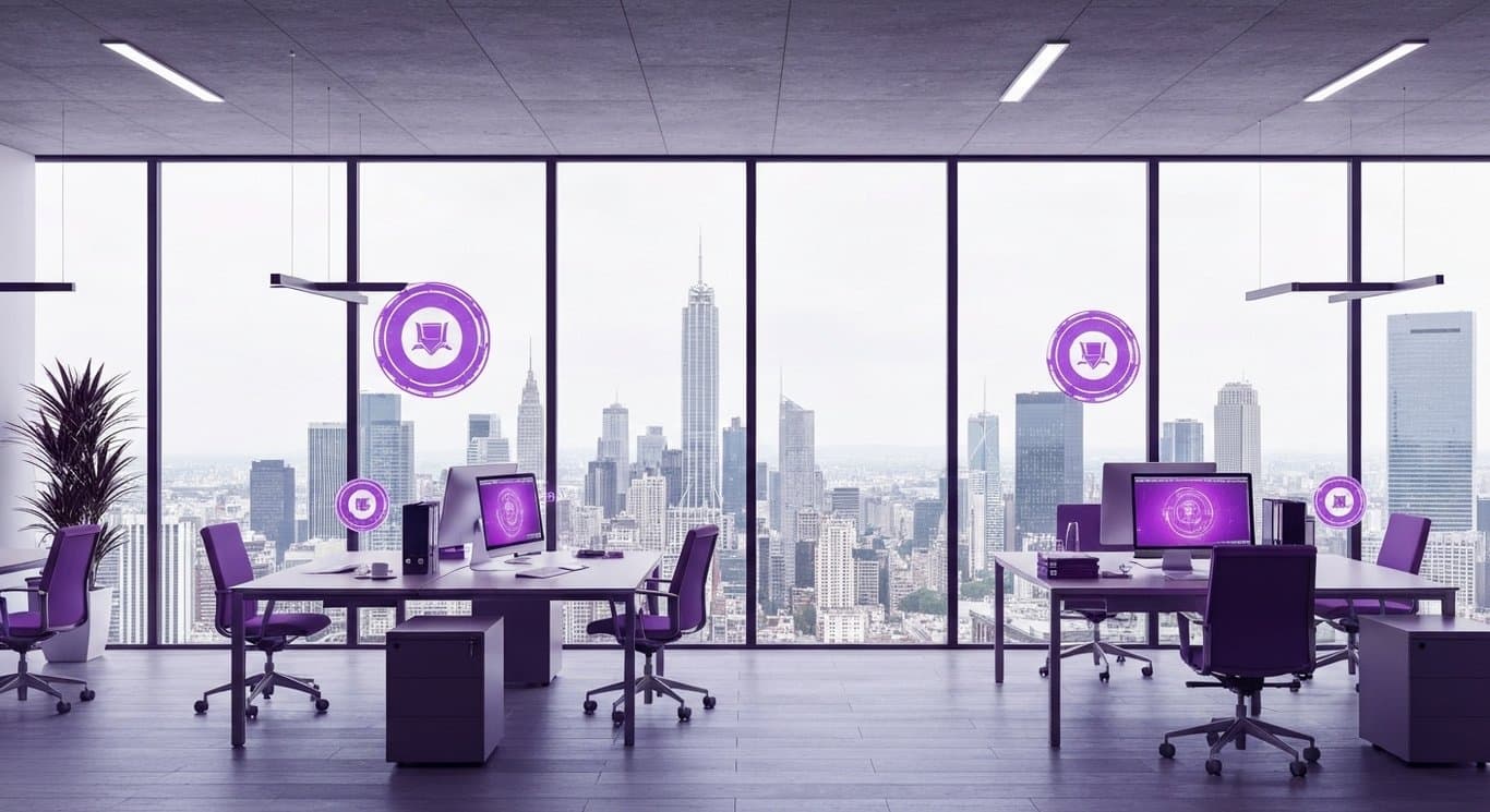 Corporate workspace with digital tokens floating above desks and a cityscape in the background
