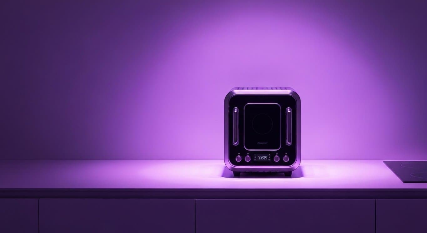 Electric kitchen appliance on countertop with abstract purple lighting in the background