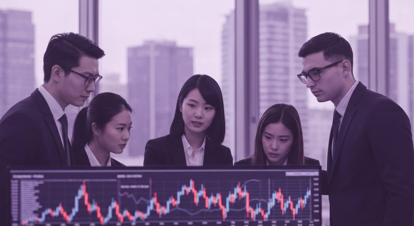 Business professionals study digital stock charts against an abstract purple cityscape background