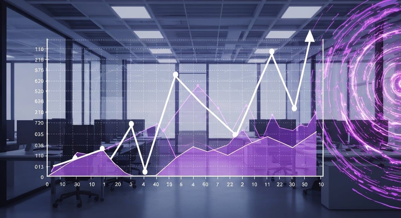 Digital line graph with fluctuating lines in a modern office setting, purple hues throughout