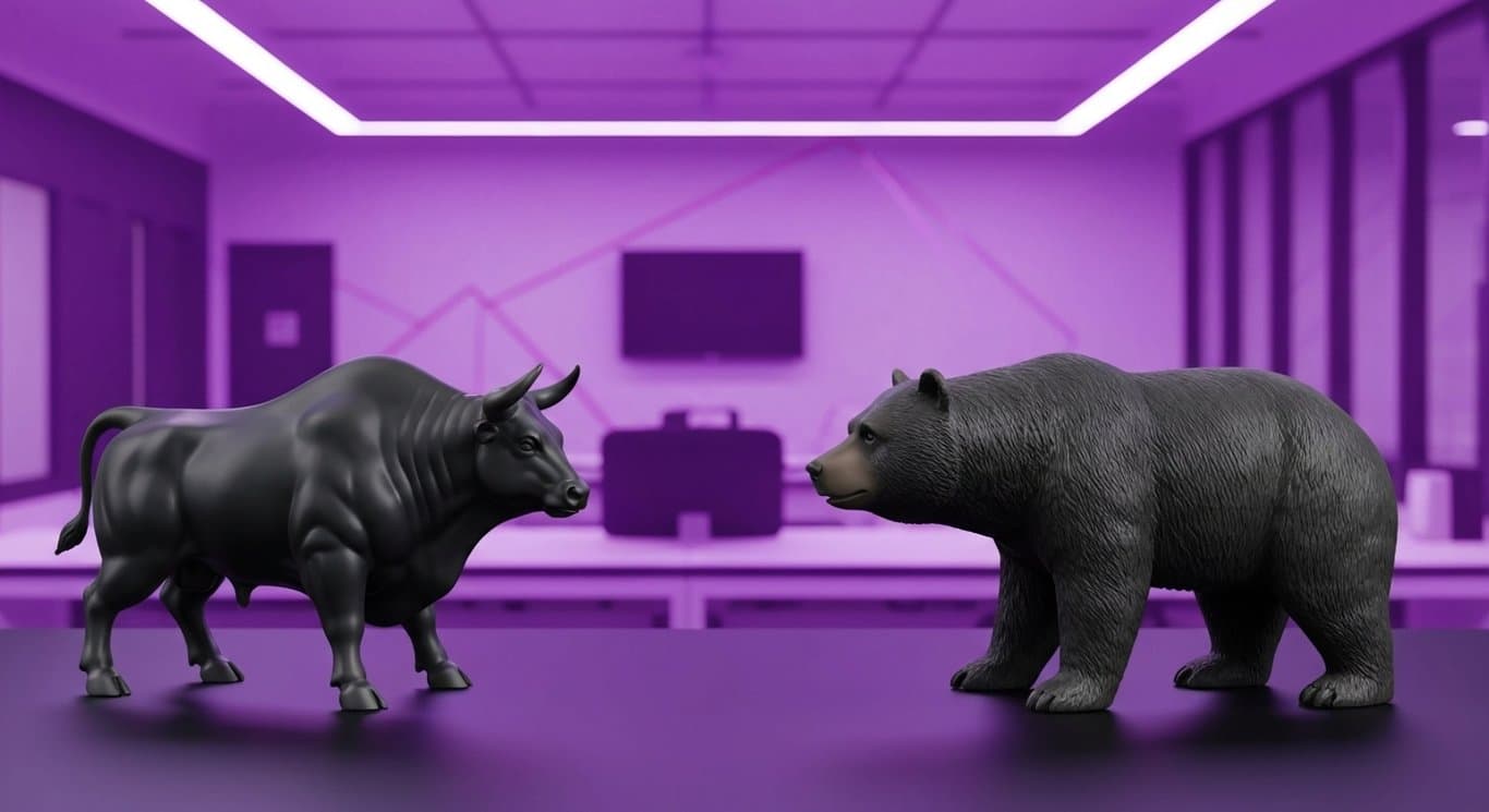 Bull and bear figurines positioned on a modern desk with a soft purple-lit office background