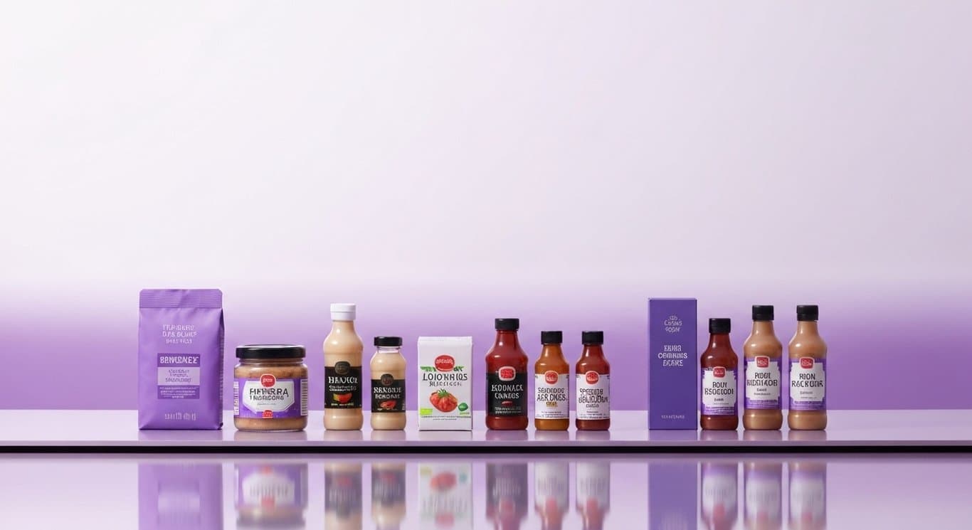Grocery items and condiment bottles separated on a reflective surface with a purple gradient background