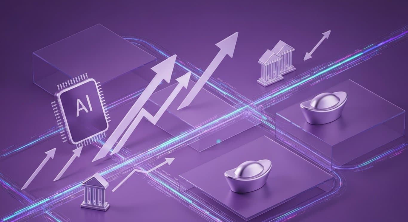 Market dispersion with AI leaders rising, record silver, and financial sector weakness in a minimalist purple visualization
