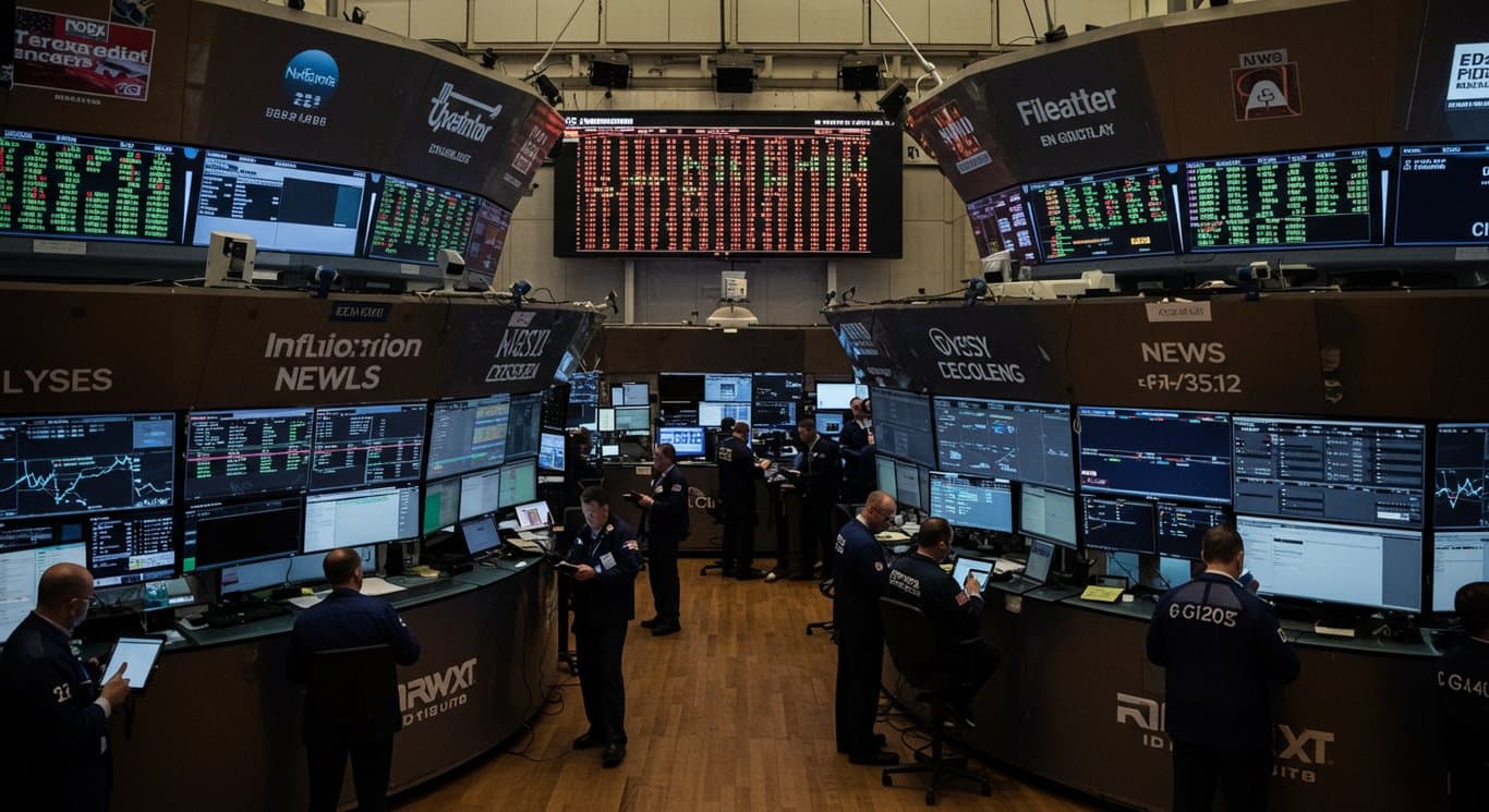 Stock market trading floor with holographic displays showing market data and news headlines about inflation and tariffs.