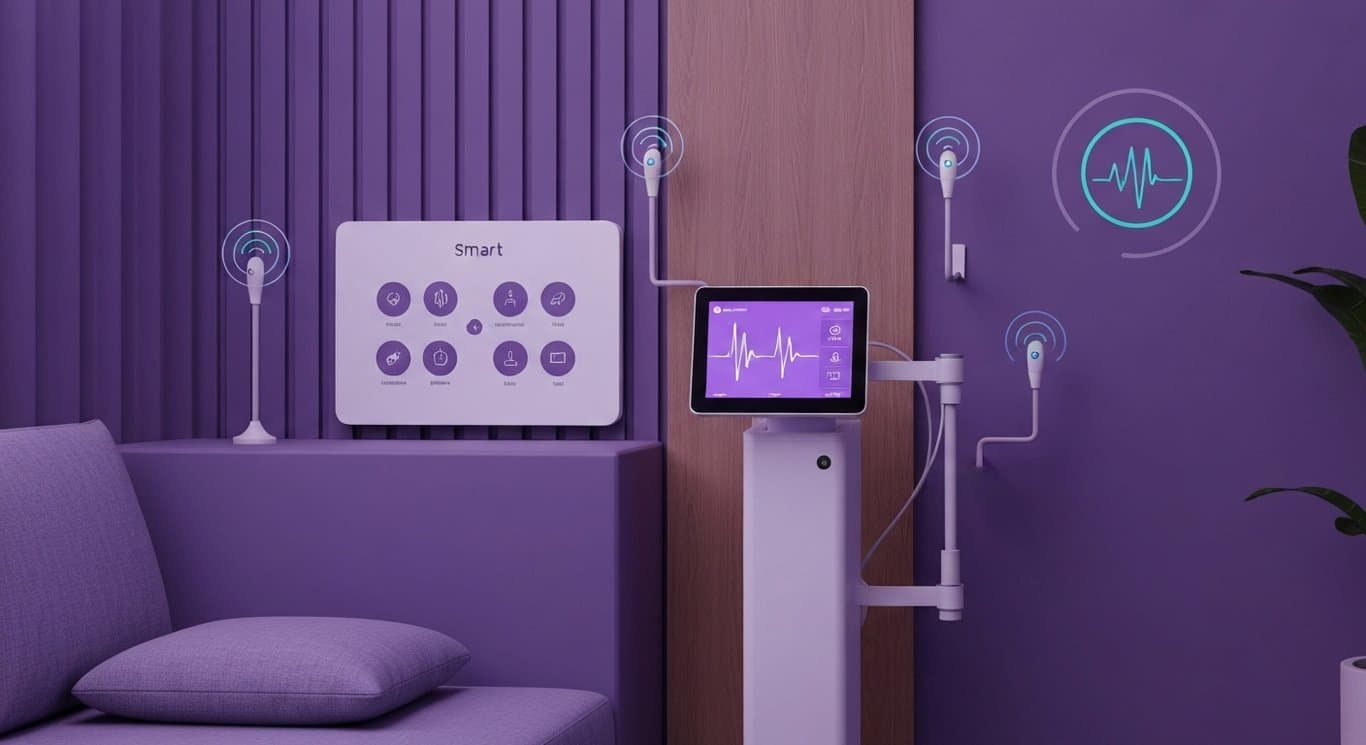 Modern medical device with digital display in a smart home surrounded by connected health sensors