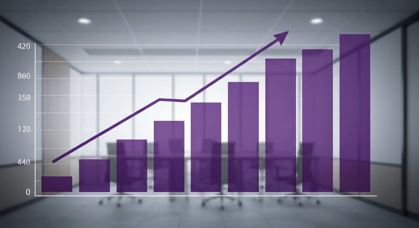 Abstract business bar chart in a modern office with digital accents and a purple color scheme