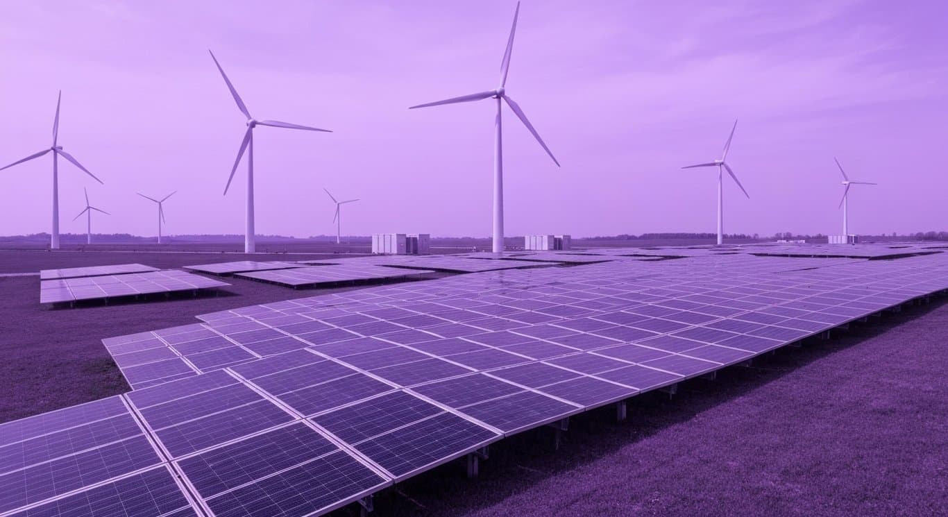 Solar panels and wind turbines in a green field with subtle energy storage units under a purple sky