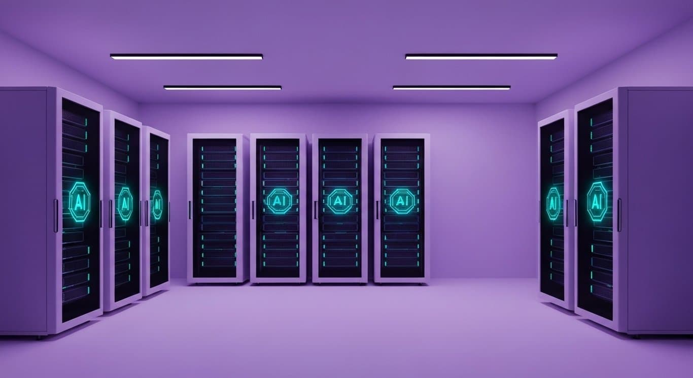 Server racks with glowing AI accents in a modern tech workspace with purple ambient lighting