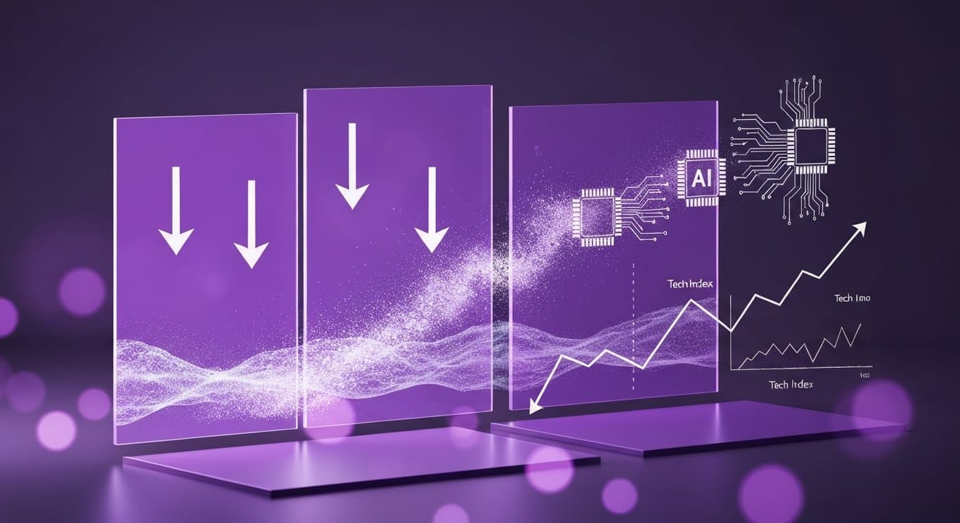 Stock market sell-off visual with AI rally reversal, semiconductor slump, and hawkish Fed rate hike expectations driving high