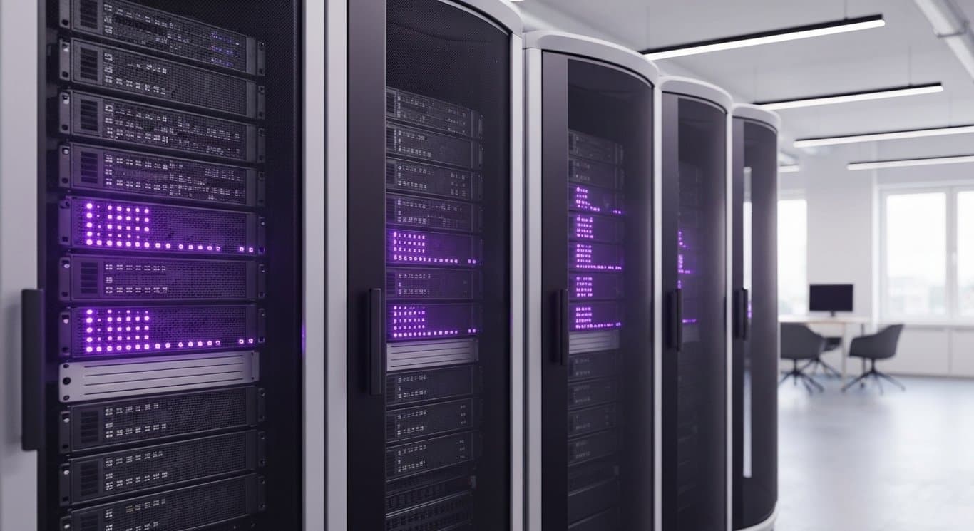 Modern computer server racks with glowing lights in a sleek office setting