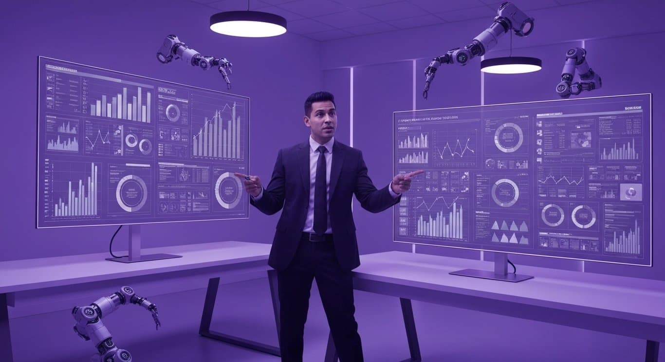 Corporate executive analyzing digital charts in a modern office with purple lighting and futuristic accents