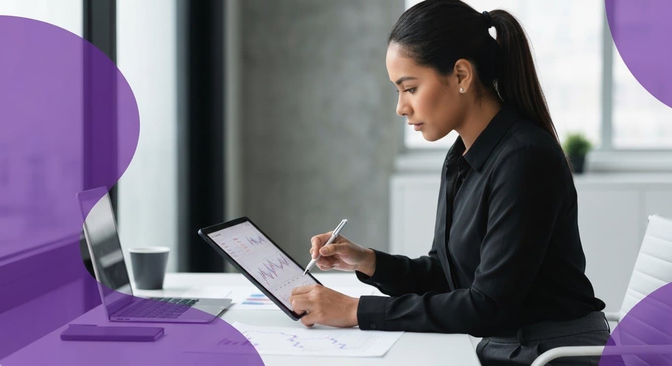 Businesswoman reviews financial charts on a tablet in a modern office with abstract purple accents