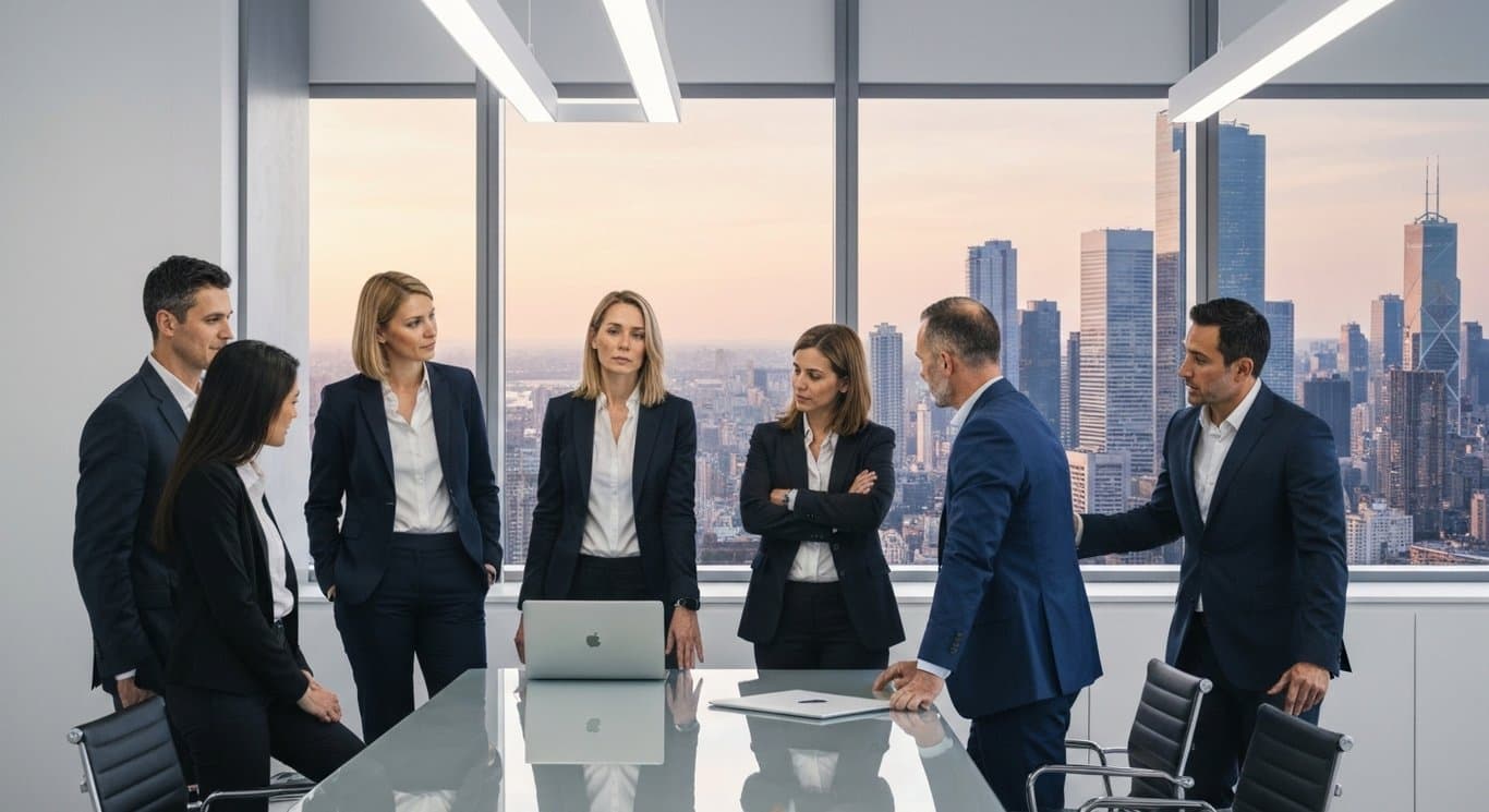 Businesspeople meeting at a glass table with a city skyline visible through large office windows