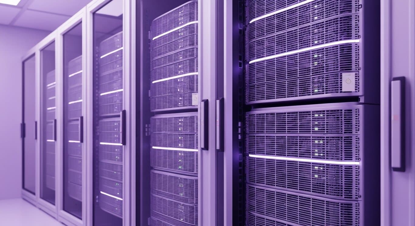 Cloud server hardware organized in a sleek data center with ambient purple-toned lighting