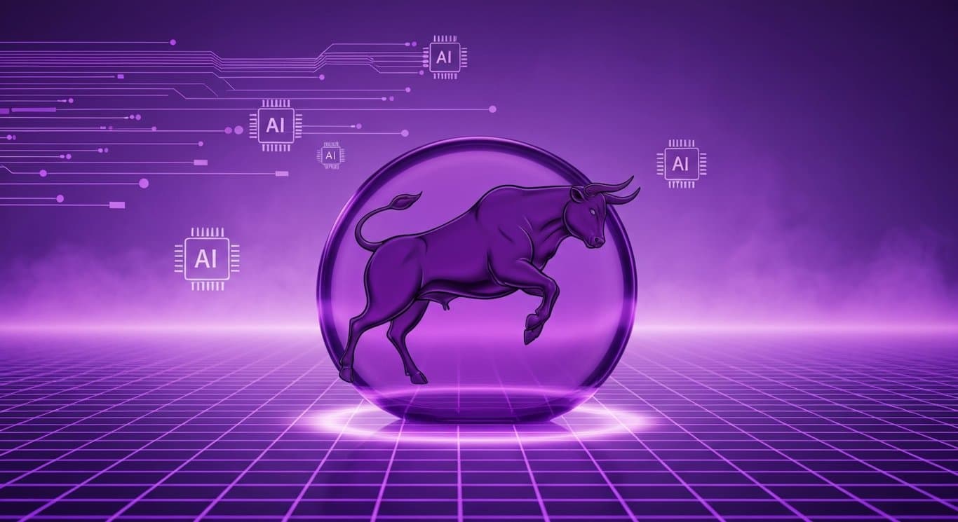 Bull silhouette with rising arrows, AI chip icons, and data streams showing market highs in technology, chips, AI IPOs