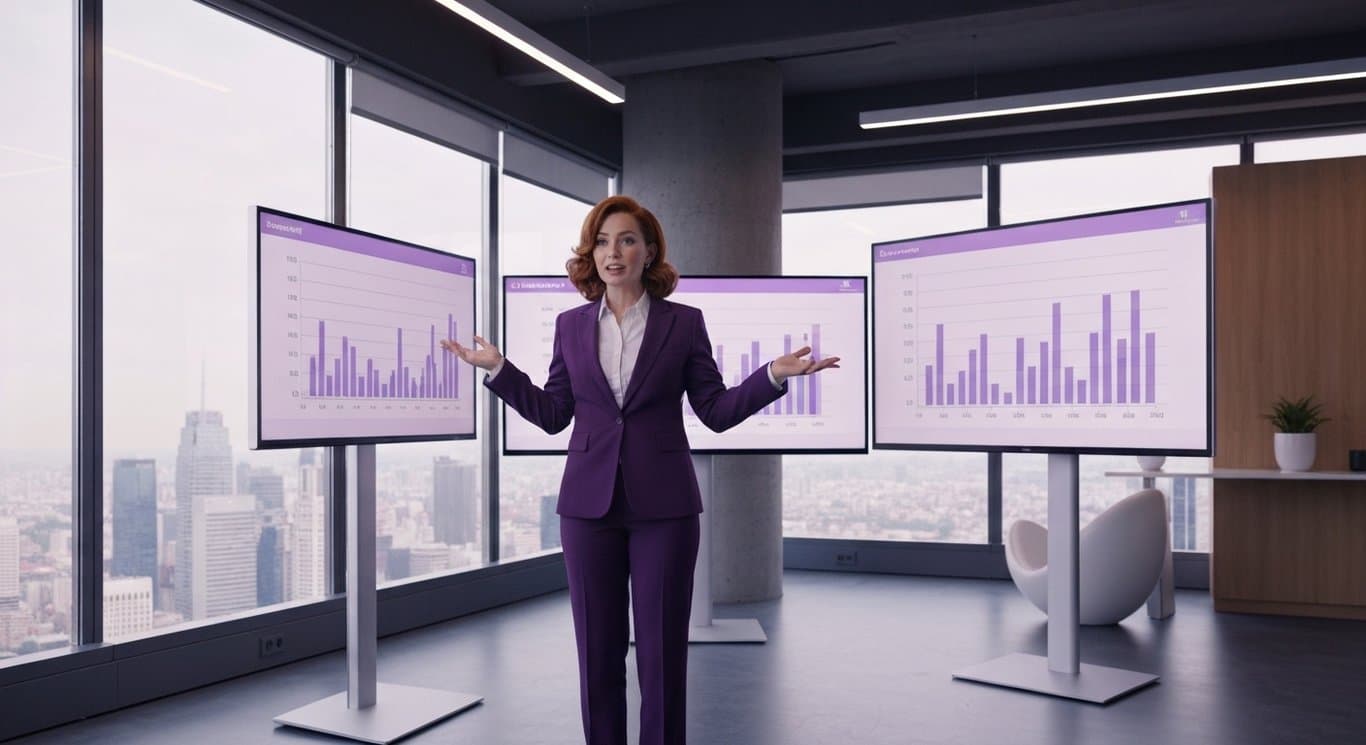 Businesswoman presenting growth charts in a modern office with digital screens and a purple background