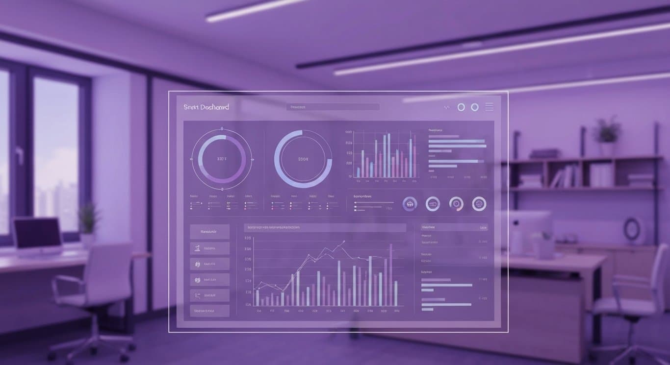 Digital dashboard with charts in a sleek modern office and soft purple lighting