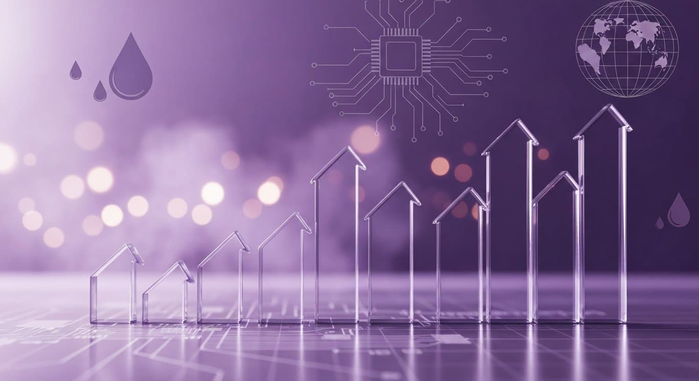 Market arrows ascending with AI chip motifs, fading oil droplets, calm global grid, all in a minimalist purple theme