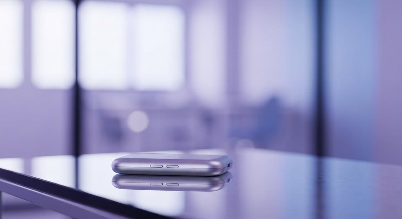 Modern wireless technology device sits on a reflective glass desk with an abstract purple-toned workspace in the background