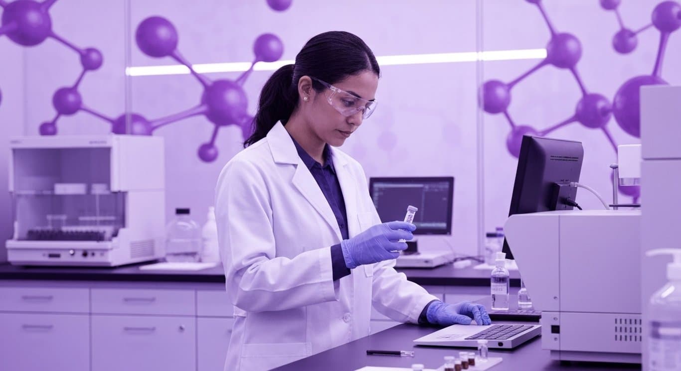 Scientist in laboratory examining vials with abstract molecular shapes in a soft purple themed background