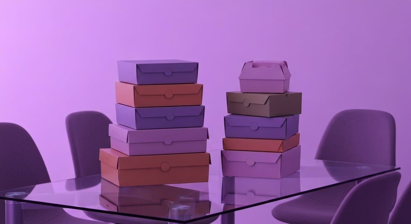 Stack of food delivery boxes on a glass table with a soft purple background