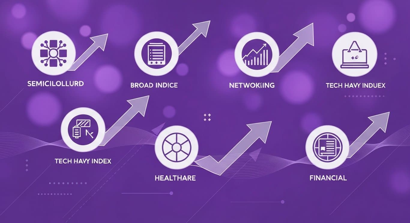 Sector icons show rotation from AI tech to healthcare and financials, indices rising, tech index lags, profitability