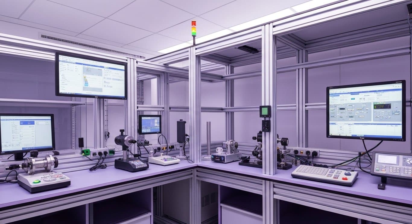 Industrial equipment in a bright, modern lab with advanced measurement tools and digital displays