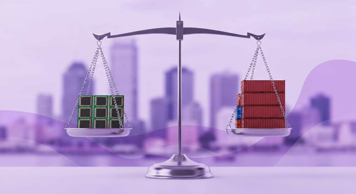 Silver scales balancing microchips and cargo containers with a purple-toned city skyline background