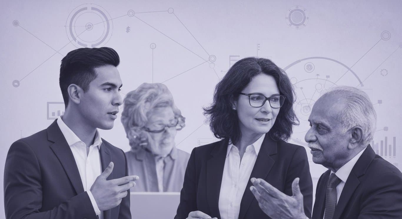 Composite of business people discussing in front of abstract market and technology-inspired background