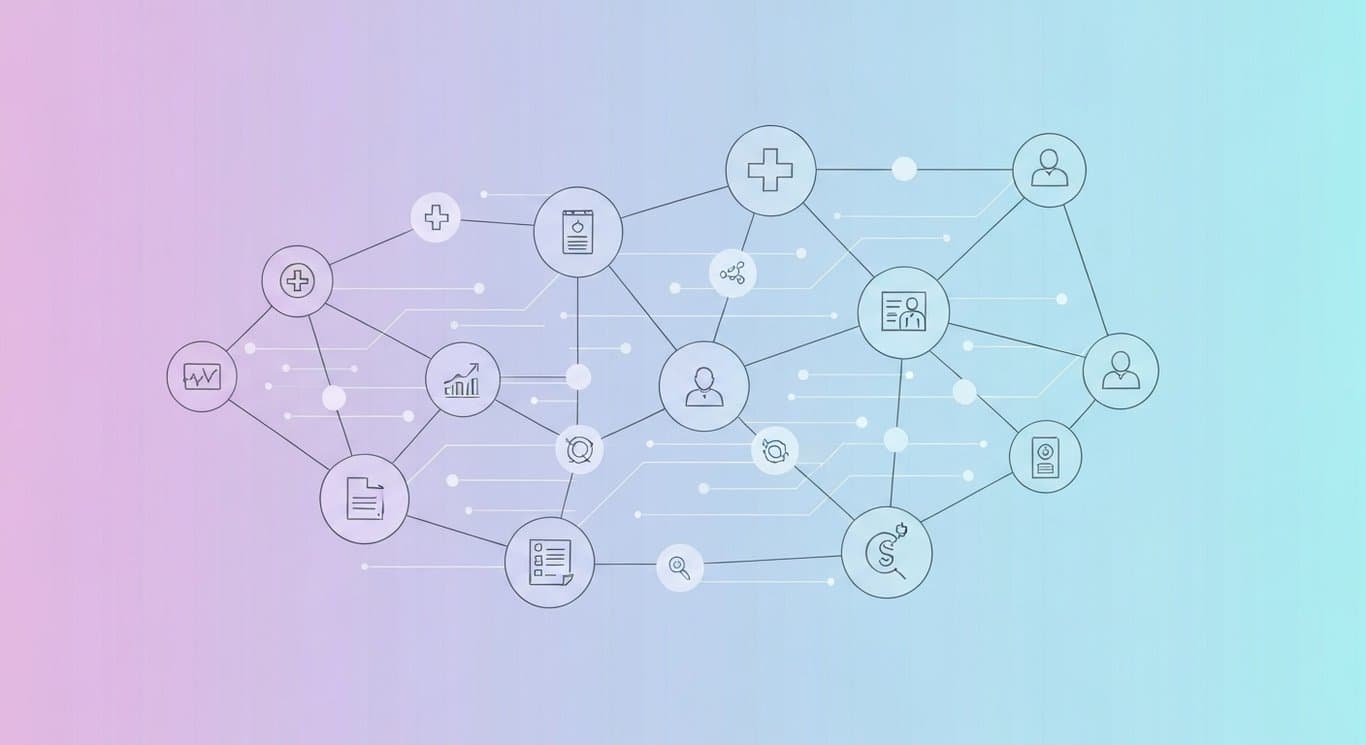 Data network of abstract nodes and lines with healthcare and insurance icons on a purple minimalist background