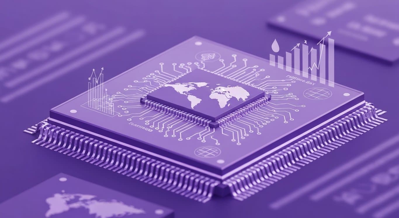AI chip with energy grid symbols, oil droplet volatility, and compressing earnings bars in a purple data landscape