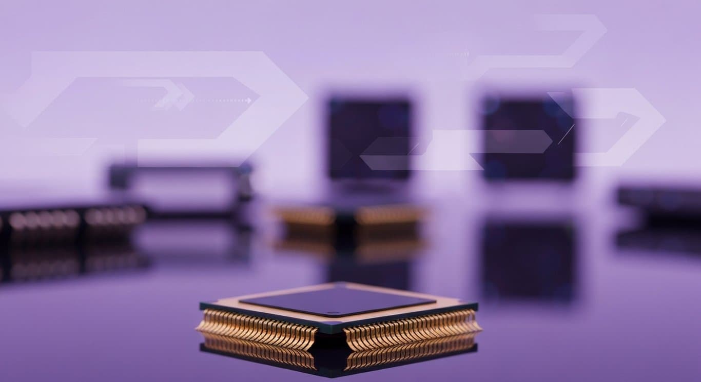 Semiconductor chip on a reflective surface with blurred technology and subtle purple background