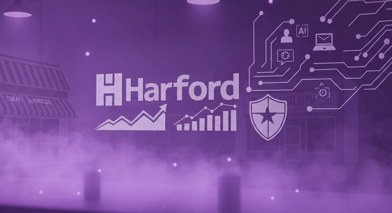 The Hartford earnings beat visualization with AI benefits integration and community investment themes in purple style
