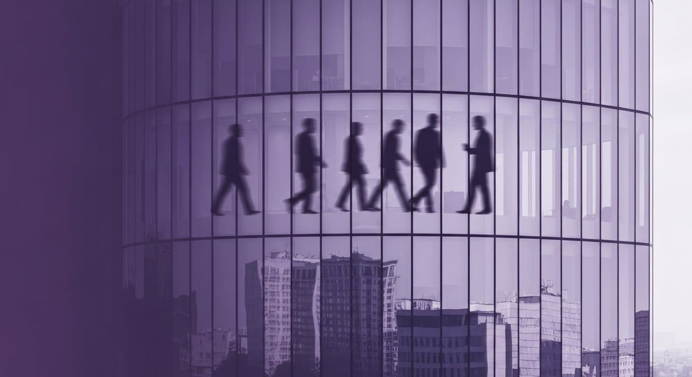 Modern office building with reflective glass and abstract business silhouettes against a purple gradient background
