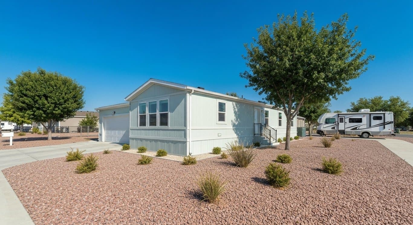 Modern manufactured home with nearby RV under a bright sky and lush greenery, soft purple hues