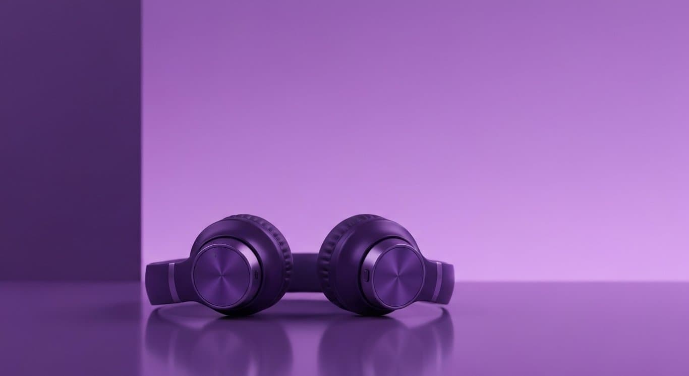 Wireless headphones on a reflective surface with a smooth purple gradient background