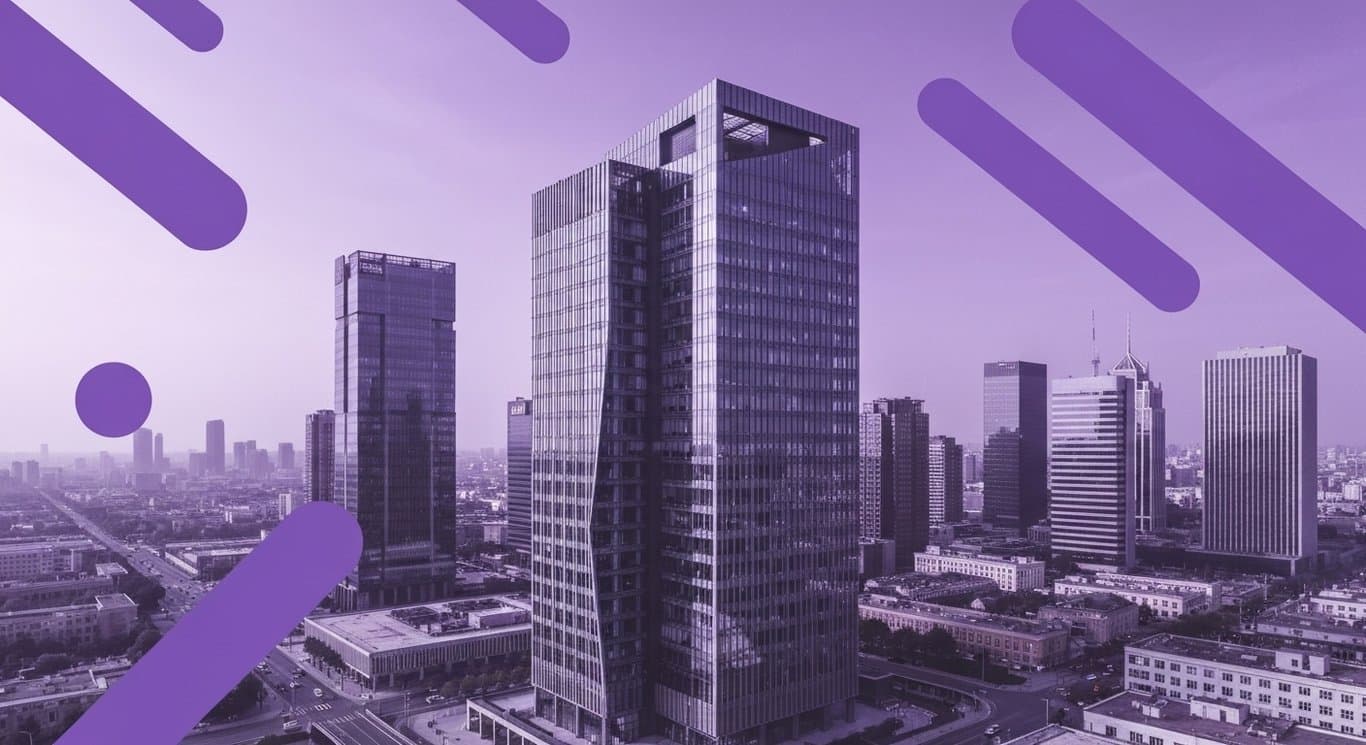 Corporate office tower with a modern city skyline and abstract purple shapes in the background