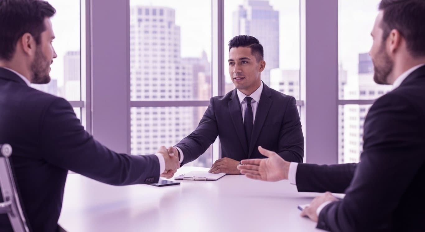 Businessperson shaking hands across a table with city skyline visible through large windows