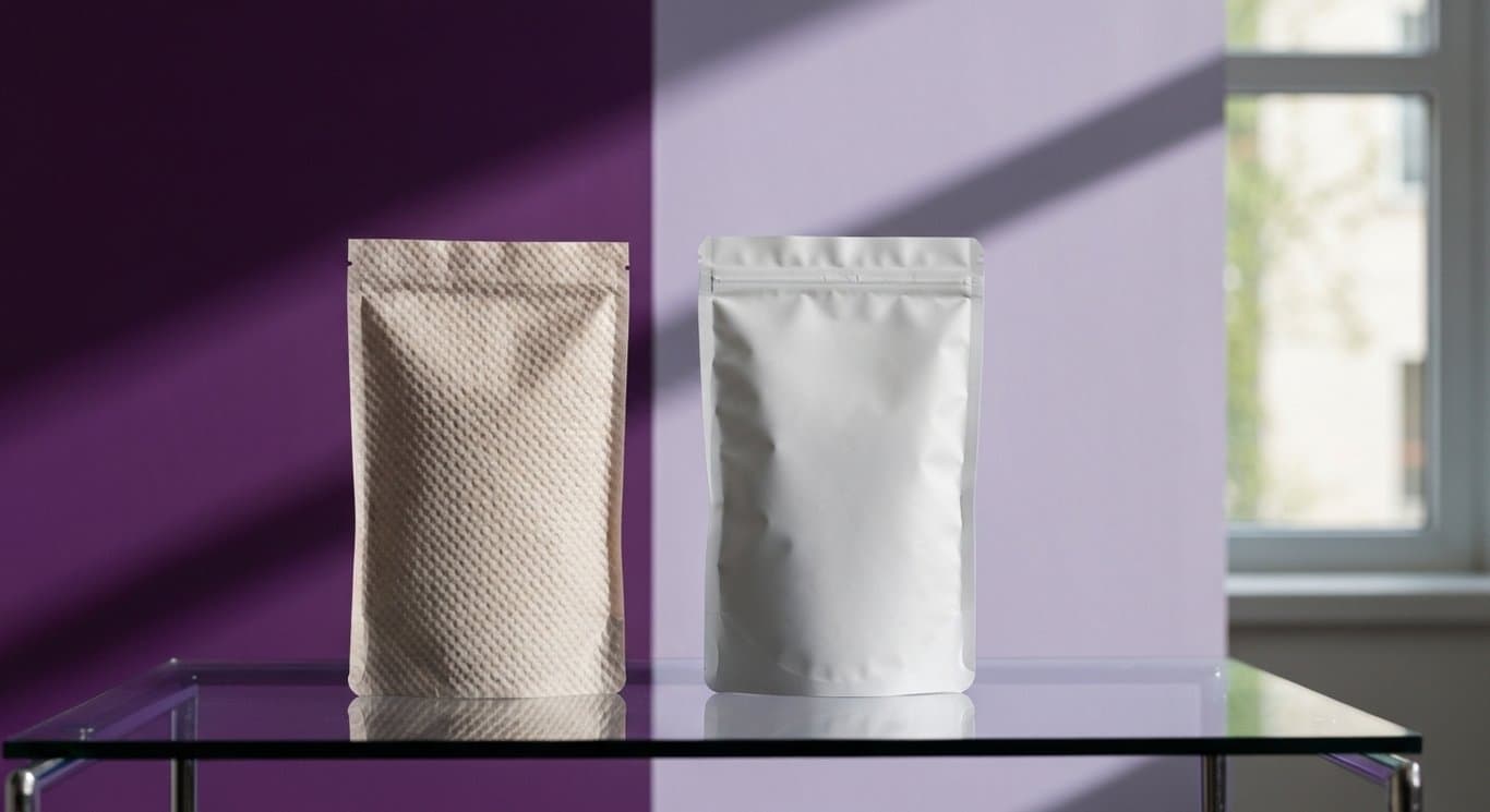 Two food packages sit beside each other on a glass table with a soft purple gradient background