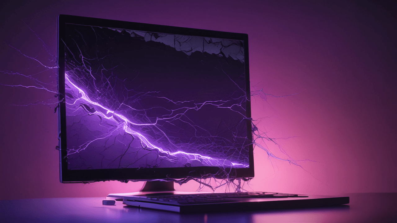 Error message concept: Cracked screen with purple light, symbolizing resource exhaustion error.
