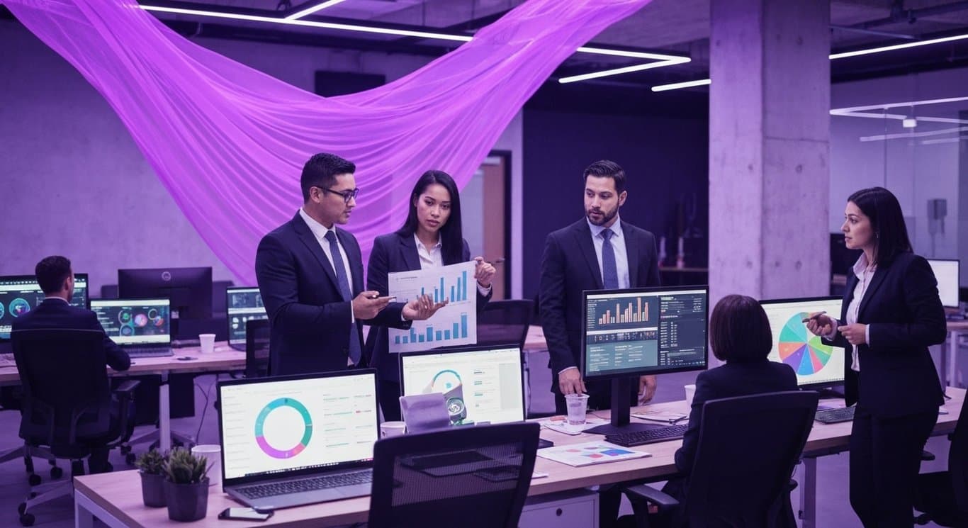 Business people discussing financial charts and technology in a purple-lit office