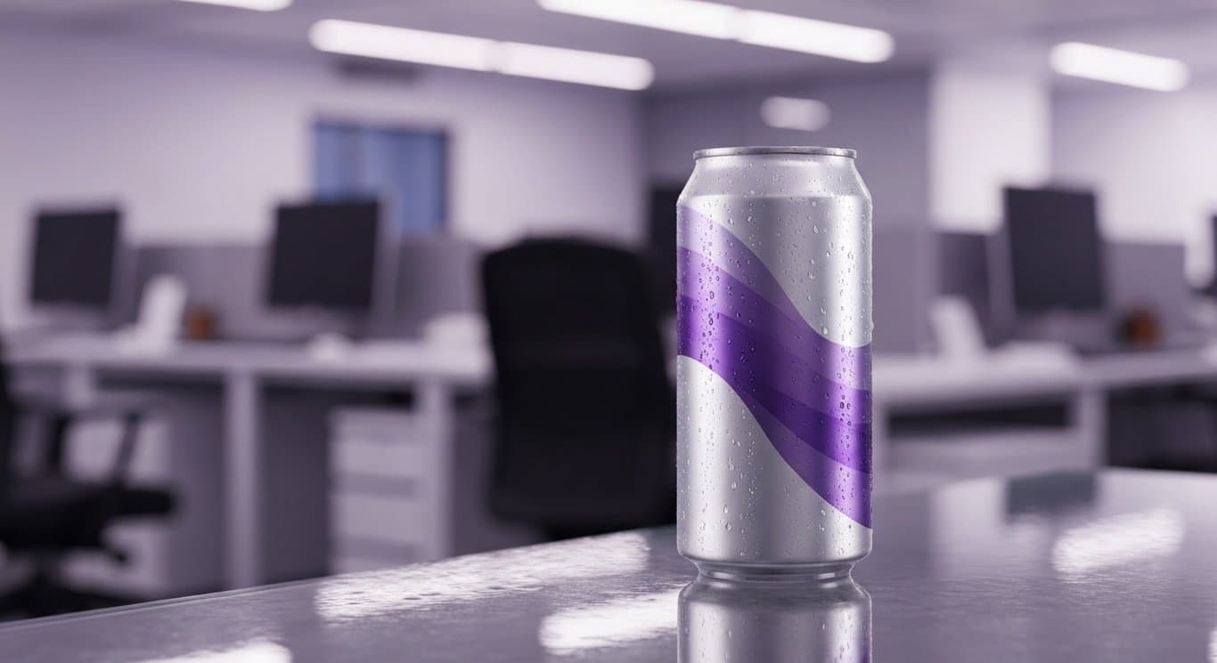 Sleek beverage can on a glass table with a blurred purple office background