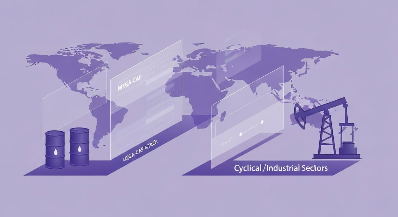 Global market indices at highs amid AI optimism, sector divergence, and Brent crude above $100; abstract purple visualization
