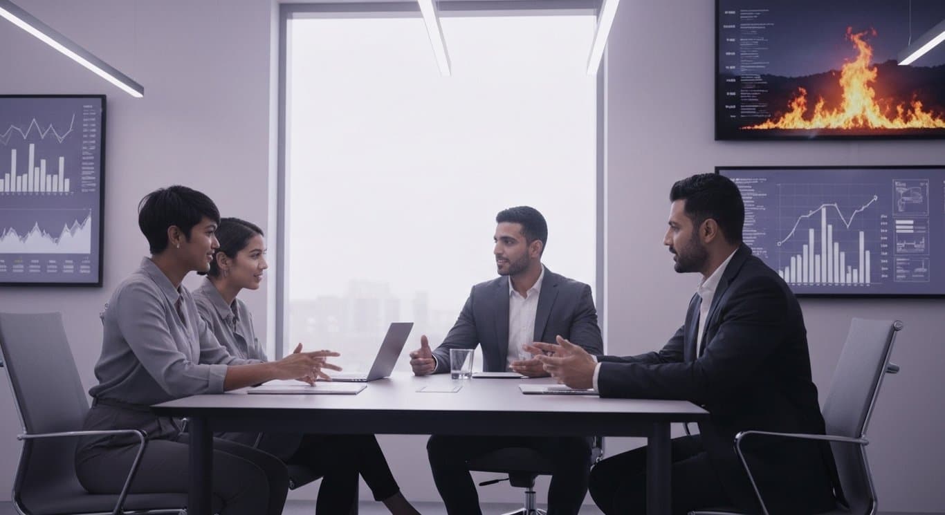 Modern office workspace where business professionals collaborate with digital graphs and wildfire images on screens