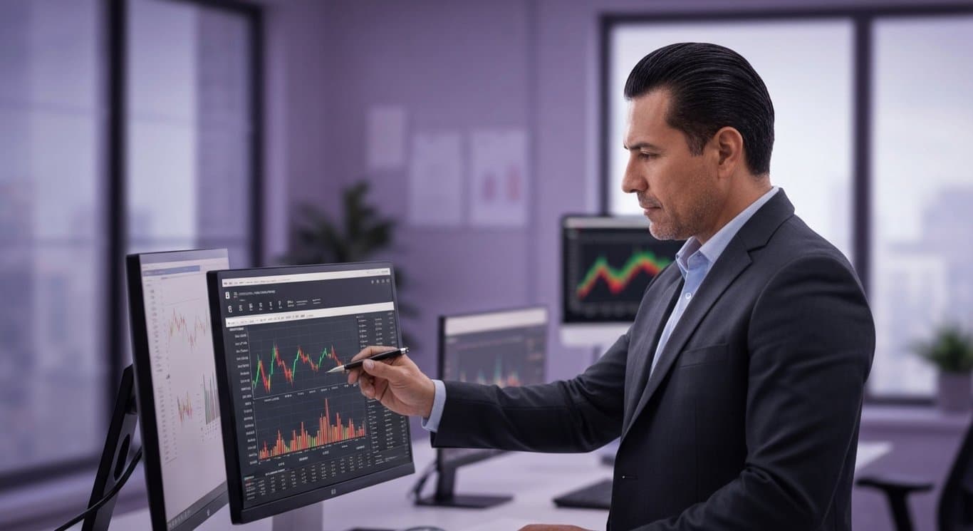 Business professional studies financial charts on screens in a modern office with a purple color scheme