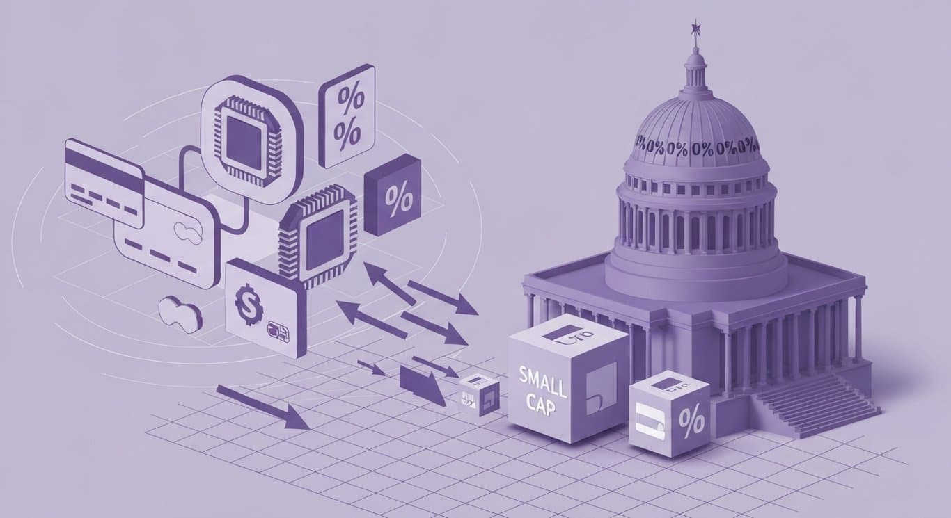 Visualization of political risk on credit card interest rates, AI semiconductor strength, small-cap breadth, and mixed market