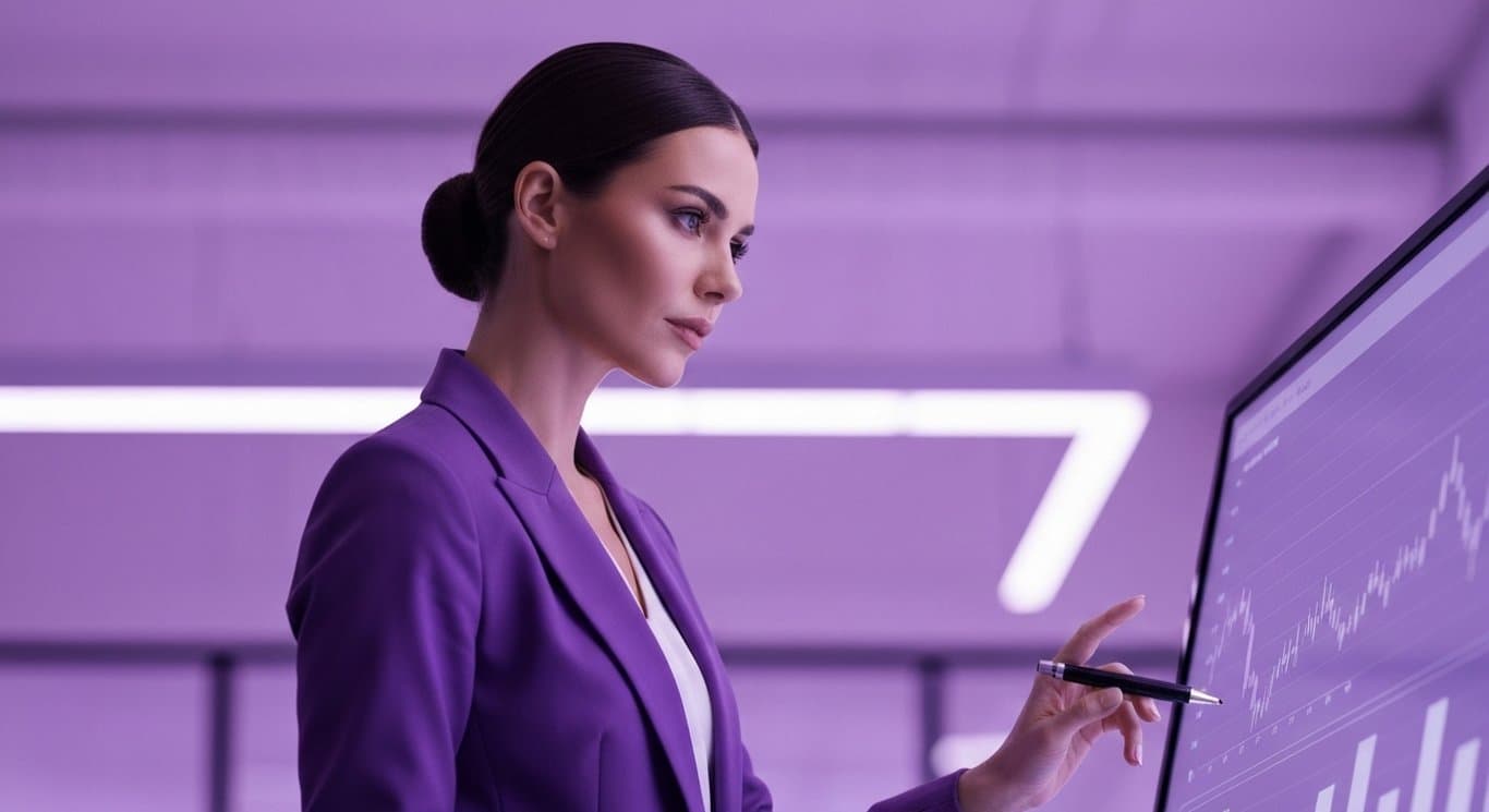 Businesswoman studies financial graphs on a digital display in a softly lit, purple-toned office scene
